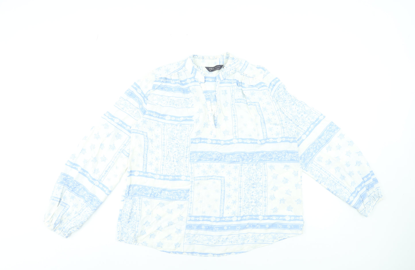 Marks and Spencer Women’s White Blue Viscose Long Sleeve Tunic Blouse Size 10