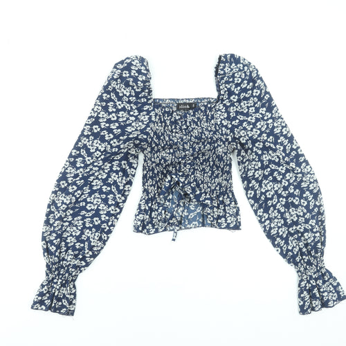 Jolio & Co Women's Blue Floral Cropped Blouse Size S Long Puff Sleeve