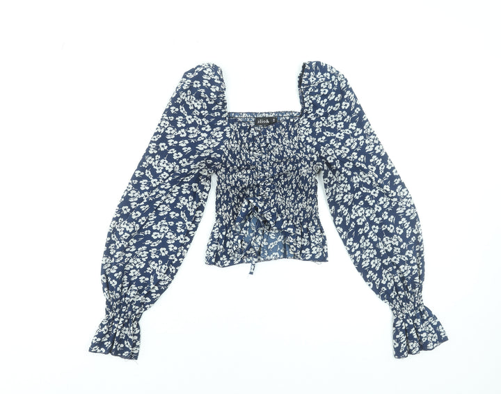 Jolio & Co Women's Blue Floral Cropped Blouse Size S Long Puff Sleeve