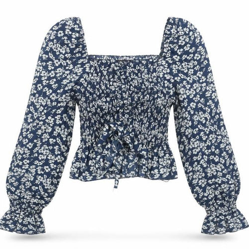 Jolio & Co Women's Blue Floral Cropped Blouse Size S Long Puff Sleeve