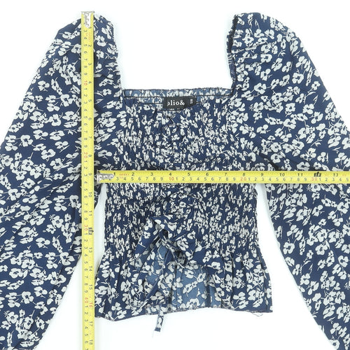 Jolio & Co Women's Blue Floral Cropped Blouse Size S Long Puff Sleeve