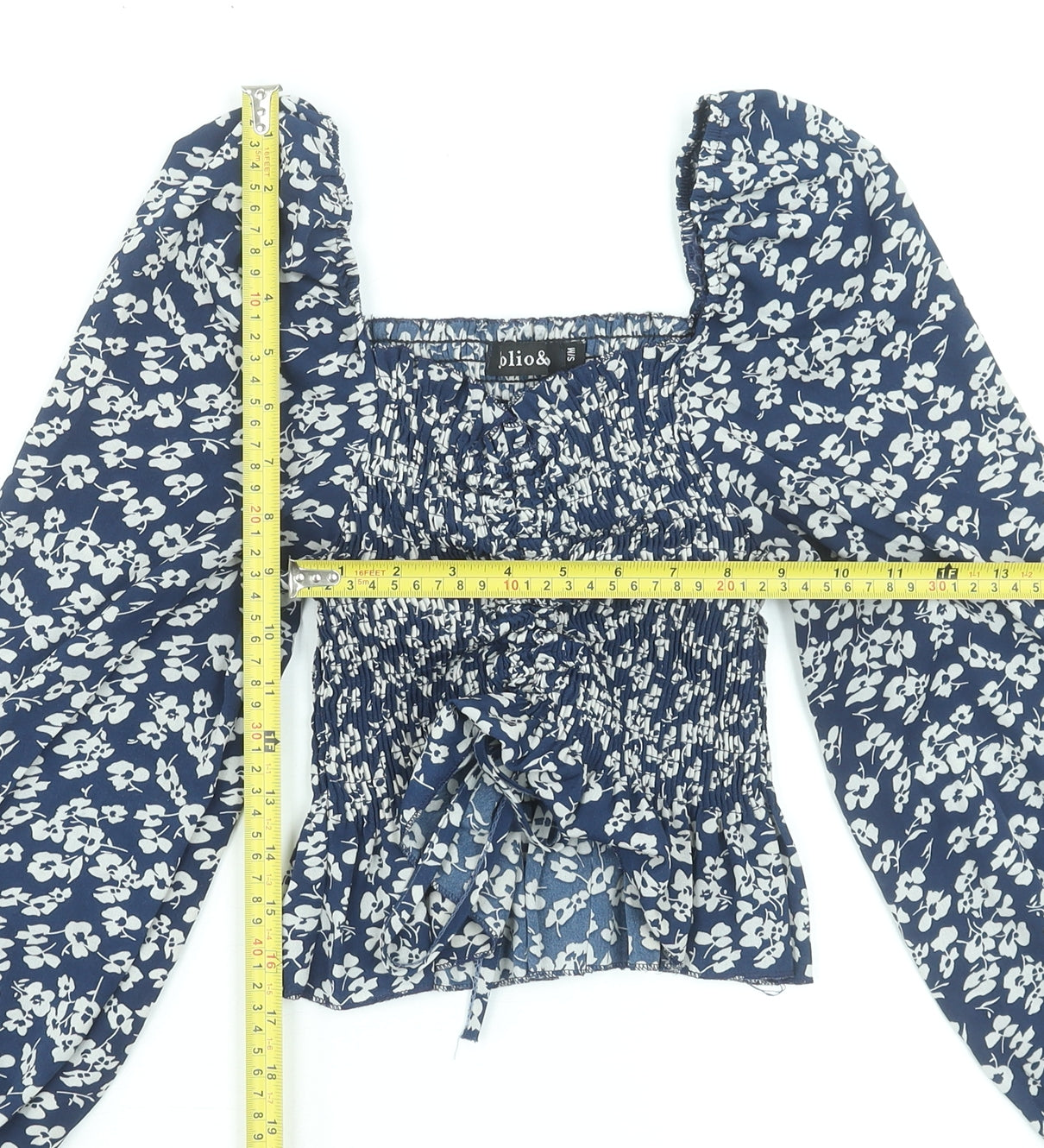Jolio & Co Women's Blue Floral Cropped Blouse Size S Long Puff Sleeve