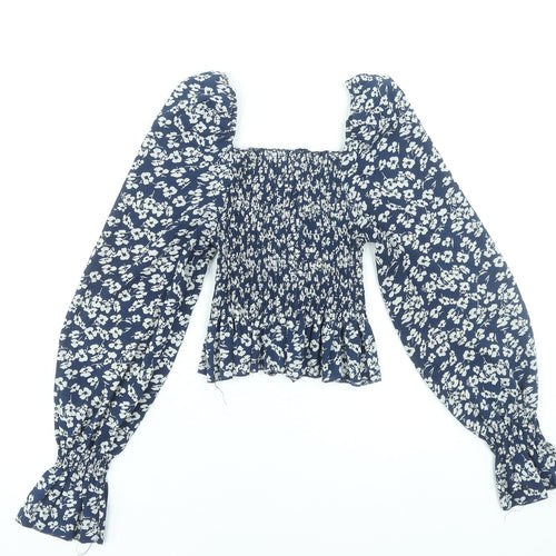 Jolio & Co Women's Blue Floral Cropped Blouse Size S Long Puff Sleeve
