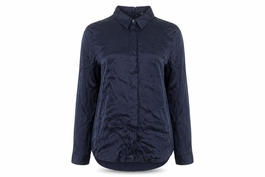 Front view of Zara Women Blue Basic Long Sleeve Collared Viscose Blouse S