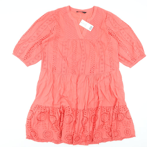 F&F Women’s Pink Cotton Embroidered V-Neck Knee Length Dress Size 12