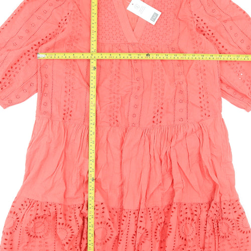 F&F Women’s Pink Cotton Embroidered V-Neck Knee Length Dress Size 12