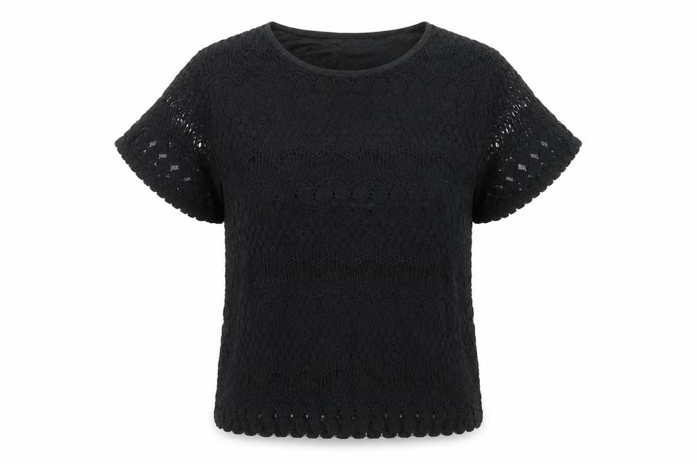 Front view of Casamia Women's Black Lace Short Sleeve Blouse, size L