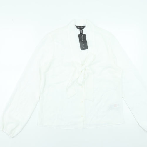 New Look Women White Long Sleeve Tie Neck Blouse UK 10 Polyester