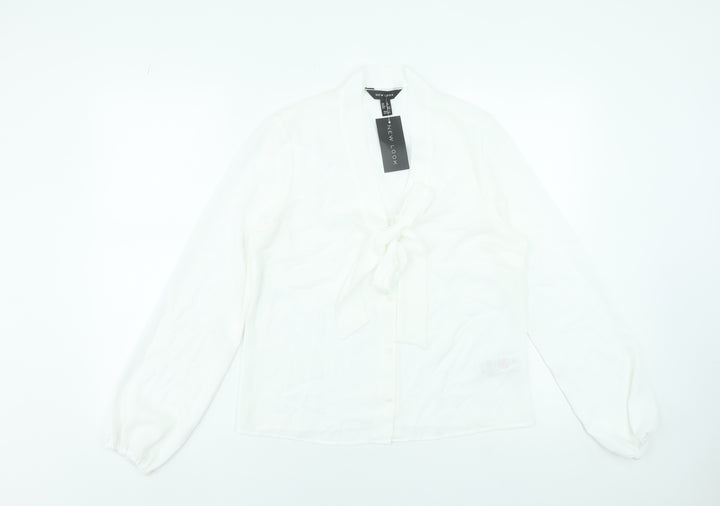 New Look Women White Long Sleeve Tie Neck Blouse UK 10 Polyester