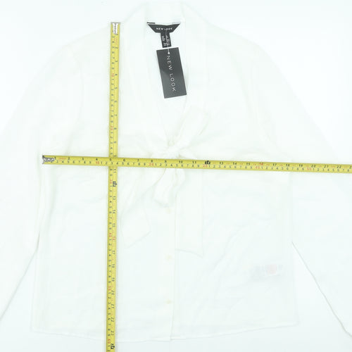 New Look Women White Long Sleeve Tie Neck Blouse UK 10 Polyester