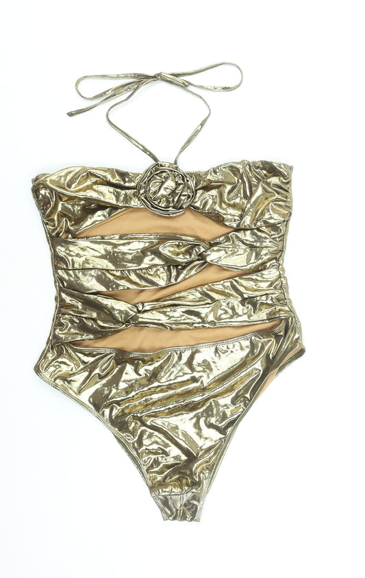 PrettyLittleThing Women’s Gold Metallic Halterneck Cut Out Bodysuit UK 16