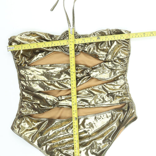 PrettyLittleThing Women’s Gold Metallic Halterneck Cut Out Bodysuit UK 16