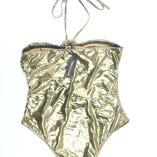 PrettyLittleThing Women’s Gold Metallic Halterneck Cut Out Bodysuit UK 16