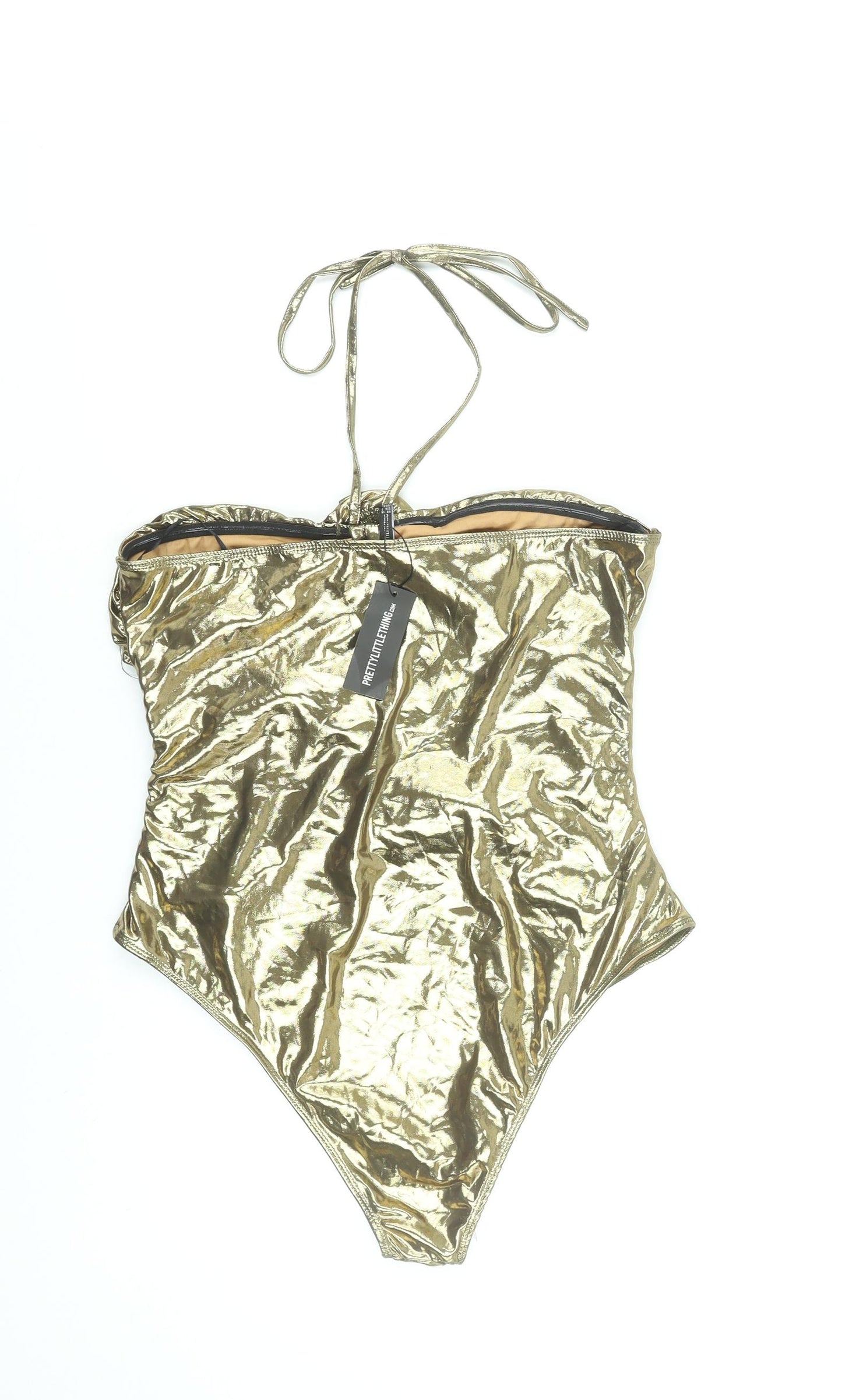 PrettyLittleThing Women’s Gold Metallic Halterneck Cut Out Bodysuit UK 16