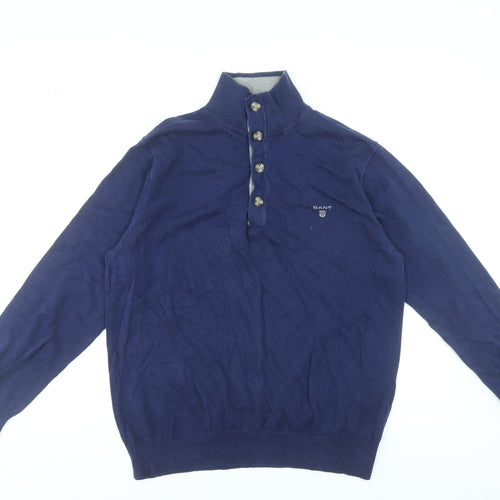 Gant Men’s Blue Cotton Henley Jumper L High Neck Classic Knit