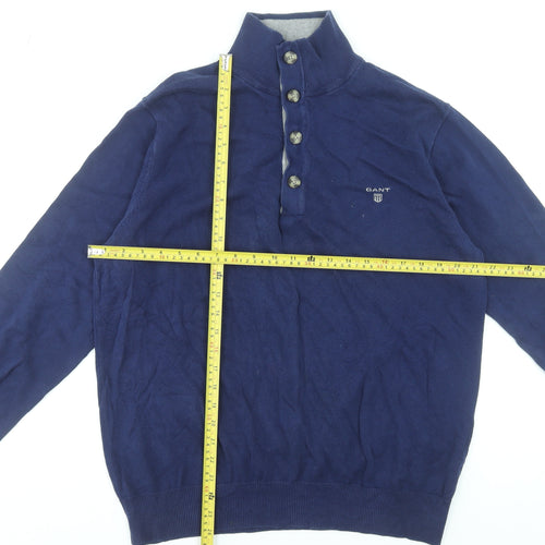 Gant Men’s Blue Cotton Henley Jumper L High Neck Classic Knit