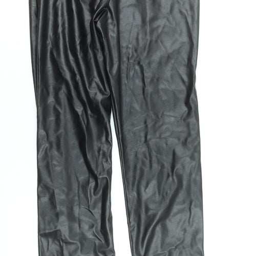 Pretty Little Thing Women's Black Faux Leather Straight Trousers Size 12