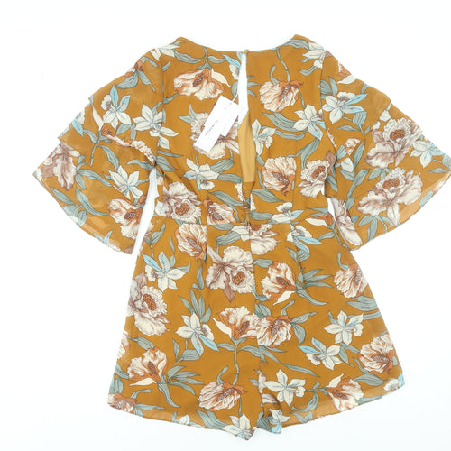 Glamorous Women’s Brown Floral 3/4 Sleeve V-Neck Playsuit Size 12