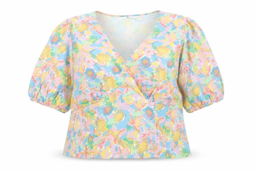 Front view of Tu Women's Multicoloured Floral Wrap Blouse, size 20, Short Sleeve