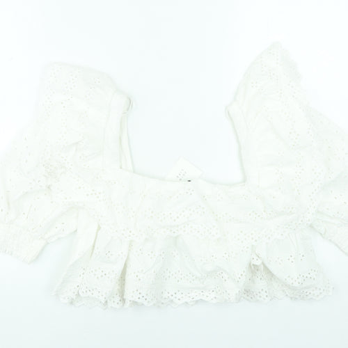Zara Women White Cotton Cropped Puff Sleeve Ruffle Blouse M