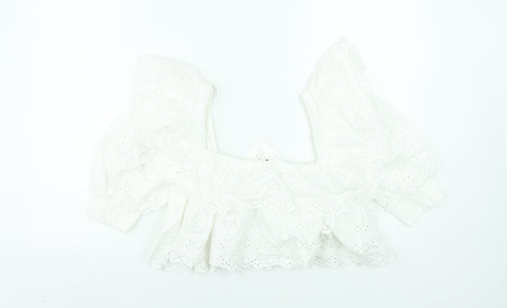 Zara Women White Cotton Cropped Puff Sleeve Ruffle Blouse M