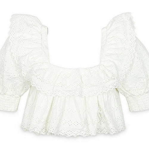 Zara Women White Cotton Cropped Puff Sleeve Ruffle Blouse M
