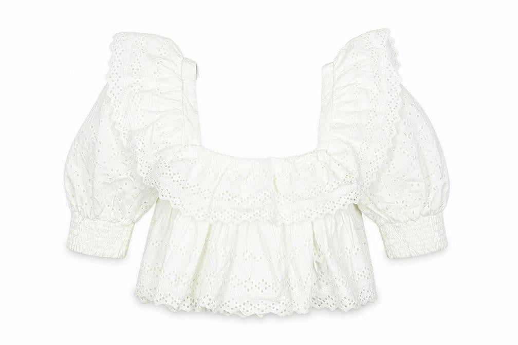 Zara Women White Cotton Cropped Puff Sleeve Ruffle Blouse M