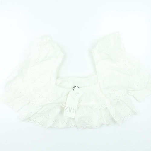 Zara Women White Cotton Cropped Puff Sleeve Ruffle Blouse M