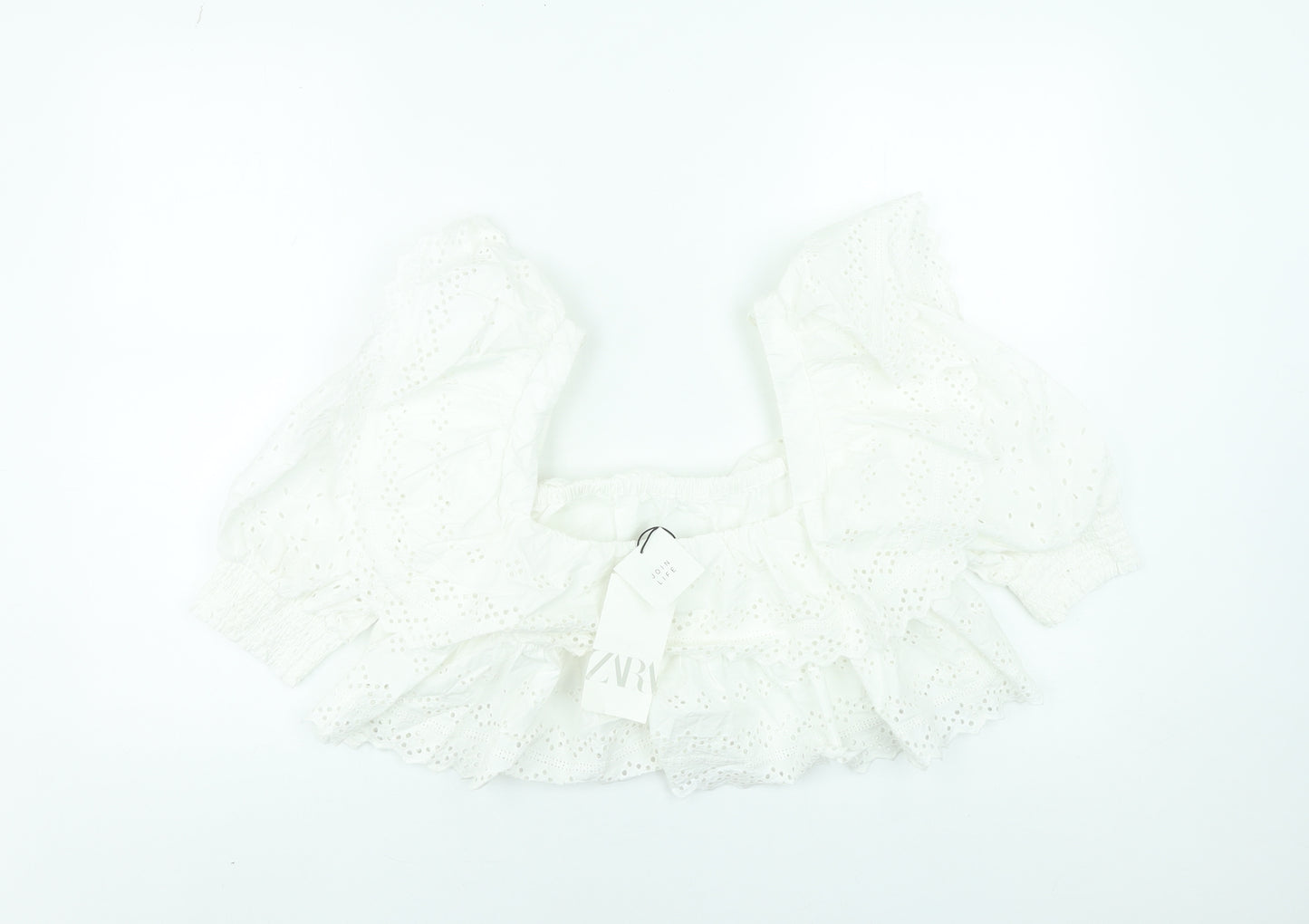 Zara Women White Cotton Cropped Puff Sleeve Ruffle Blouse M