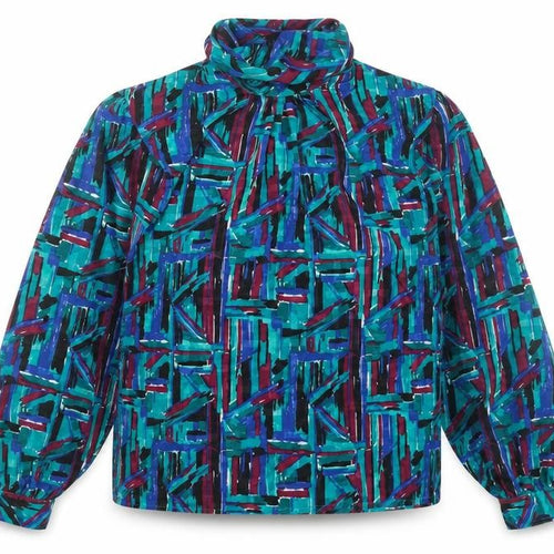 Fortina Women’s Multicoloured Geometric High Neck Bow Blouse Size 8