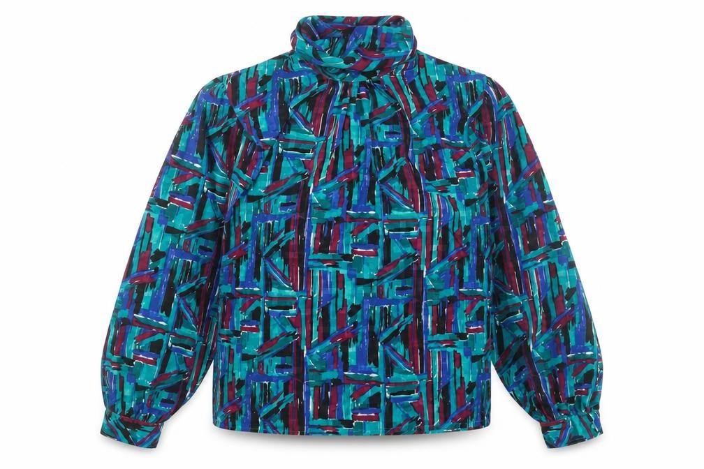 Fortina Women’s Multicoloured Geometric High Neck Bow Blouse Size 8