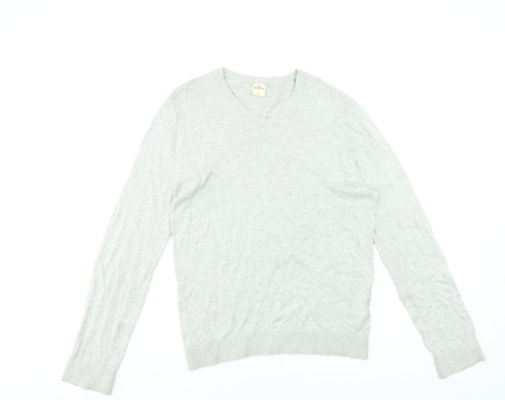 Hollister Men's Grey V-Neck Cotton Blend Pullover Jumper Size S