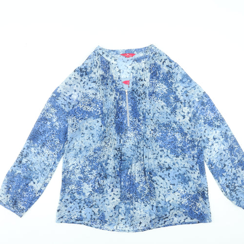 Together Womens Blue Floral Pleated Long Sleeve Tunic Blouse Size 10