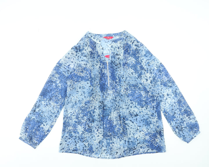 Together Womens Blue Floral Pleated Long Sleeve Tunic Blouse Size 10