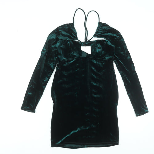 ZARA Women Green Velvet Bodycon Short Dress Size S Long Sleeve Partywear