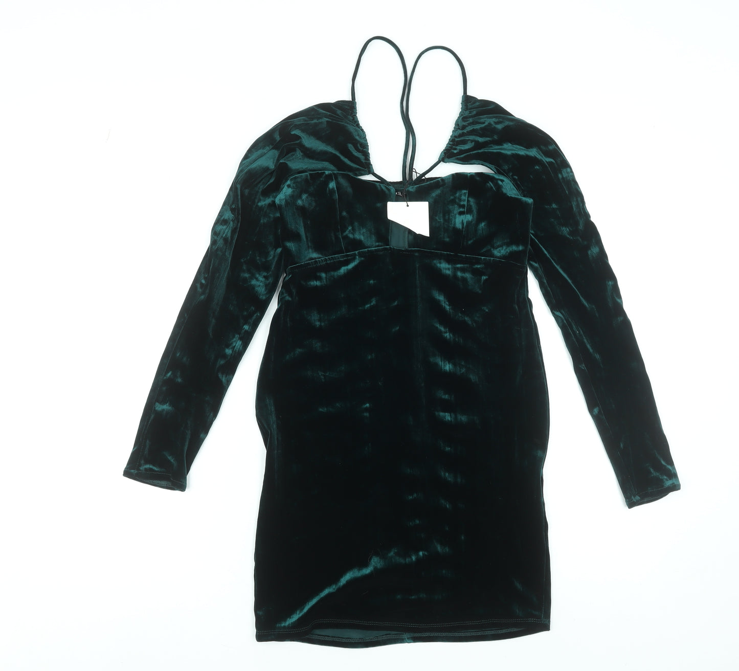 ZARA Women Green Velvet Bodycon Short Dress Size S Long Sleeve Partywear