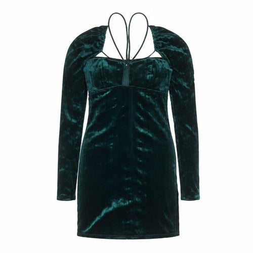 ZARA Women Green Velvet Bodycon Short Dress Size S Long Sleeve Partywear