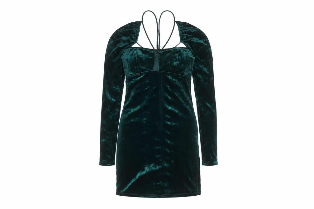 ZARA Women Green Velvet Bodycon Short Dress Size S Long Sleeve Partywear