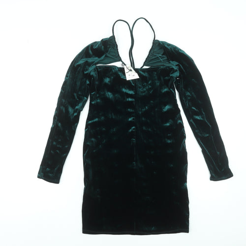 ZARA Women Green Velvet Bodycon Short Dress Size S Long Sleeve Partywear