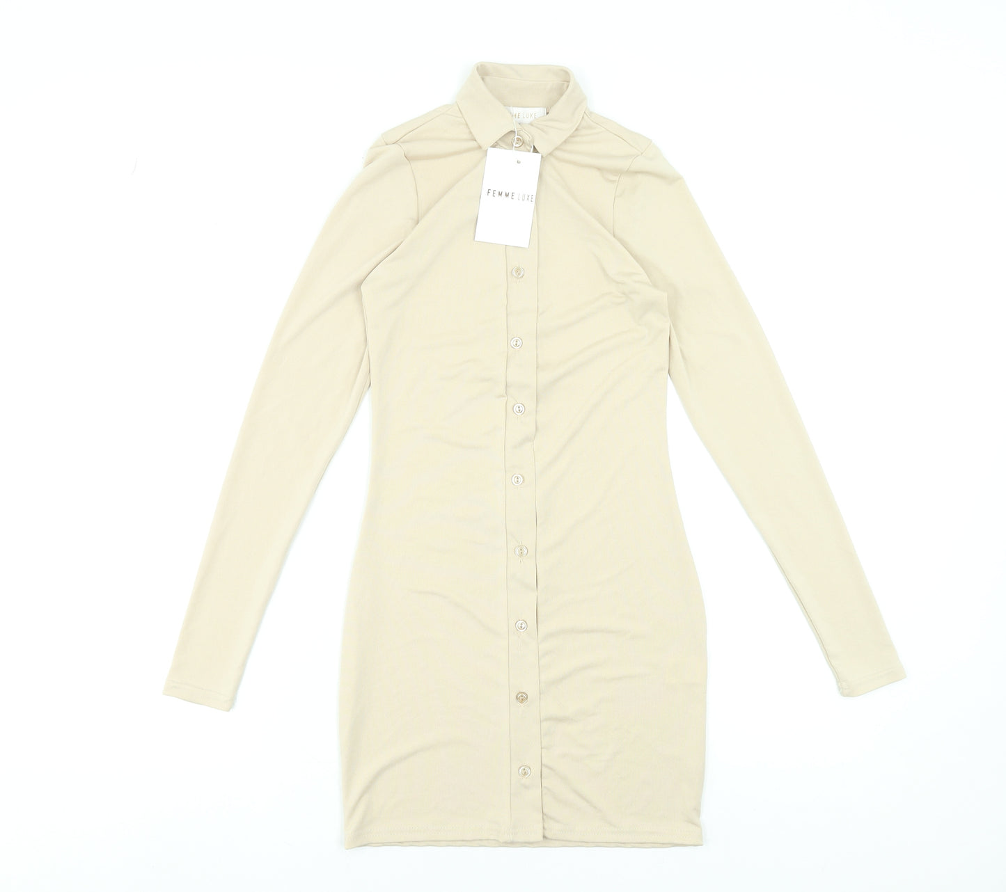 Femme Luxe Women’s Beige Button Front Collared Shirt Dress Size 6