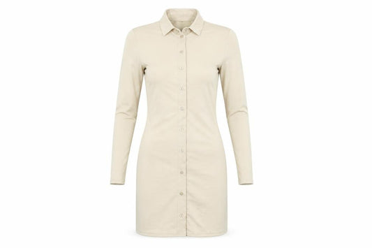 Front view of Femme Luxe Women’s Beige Button Front Collared Shirt Dress, size UK 6