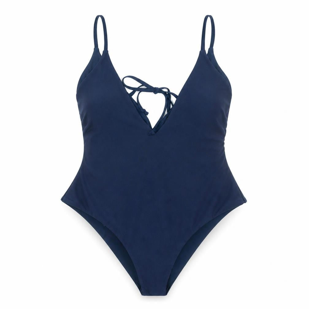 Front view of Boohoo women’s blue one piece swimsuit, size UK 12, spaghetti strap