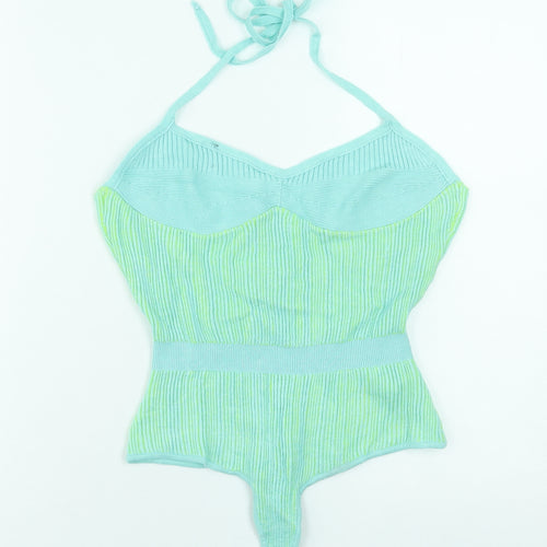 PrettyLittleThing Women Green Knit Halter Bodysuit L Slim Fit Summer