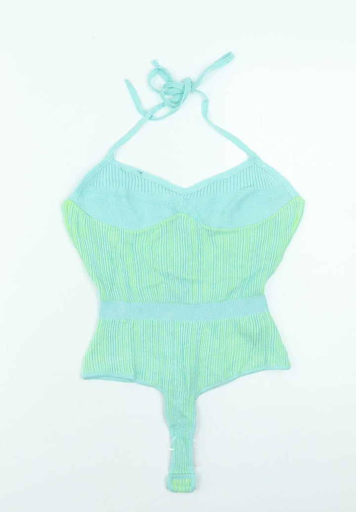 PrettyLittleThing Women Green Knit Halter Bodysuit L Slim Fit Summer