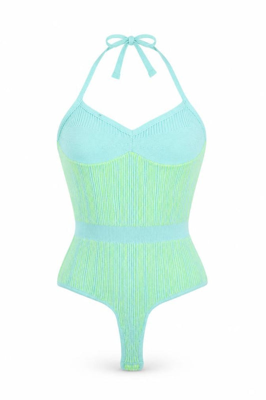 Front view of PRETTYLITTLETHING Women Green Knit Halter Bodysuit L Slim Fit Summer