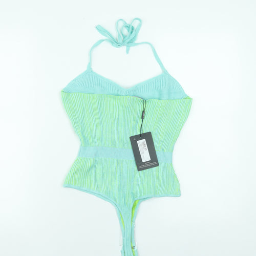 PrettyLittleThing Women Green Knit Halter Bodysuit L Slim Fit Summer
