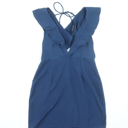 Motel Women’s Blue Short Ruffle V-Neck Bodycon Dress Size S