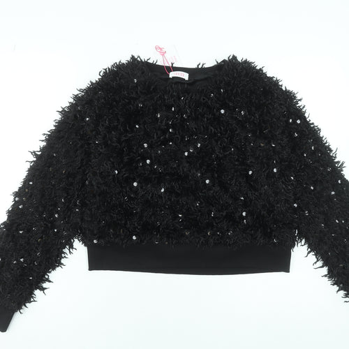 Savida Women Black Sequin Long Sleeve Cropped Jumper Size L
