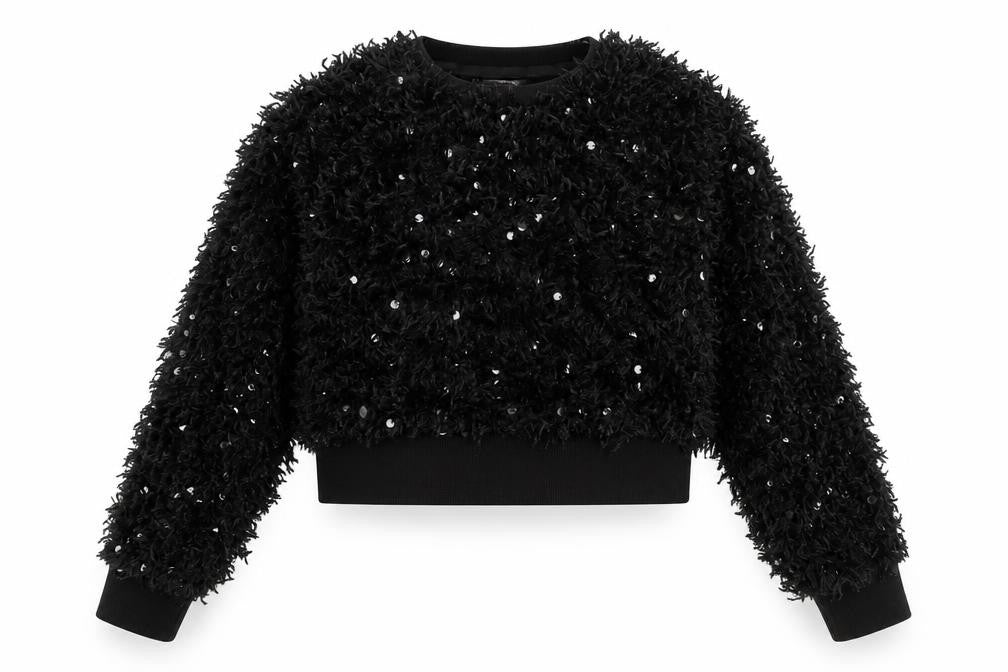 Front view of Savida Women Black Sequin Long Sleeve Cropped Jumper, size L