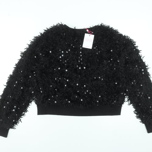 Savida Women Black Sequin Long Sleeve Cropped Jumper Size L